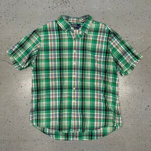 VTG Ralph Lauren green and brown plaid short sleeve button up shirt